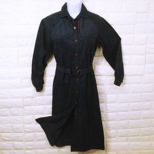 Vintage 70s Cirette MicroFiber Shirt Dress -S Belt Button-up Cuff LSL Slate Navy